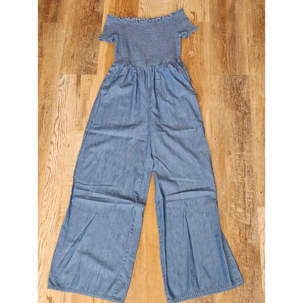 Blue Rain Womens Chambray Smocked Off Shoulder Wide Leg Jumpsuit Blue Size M
